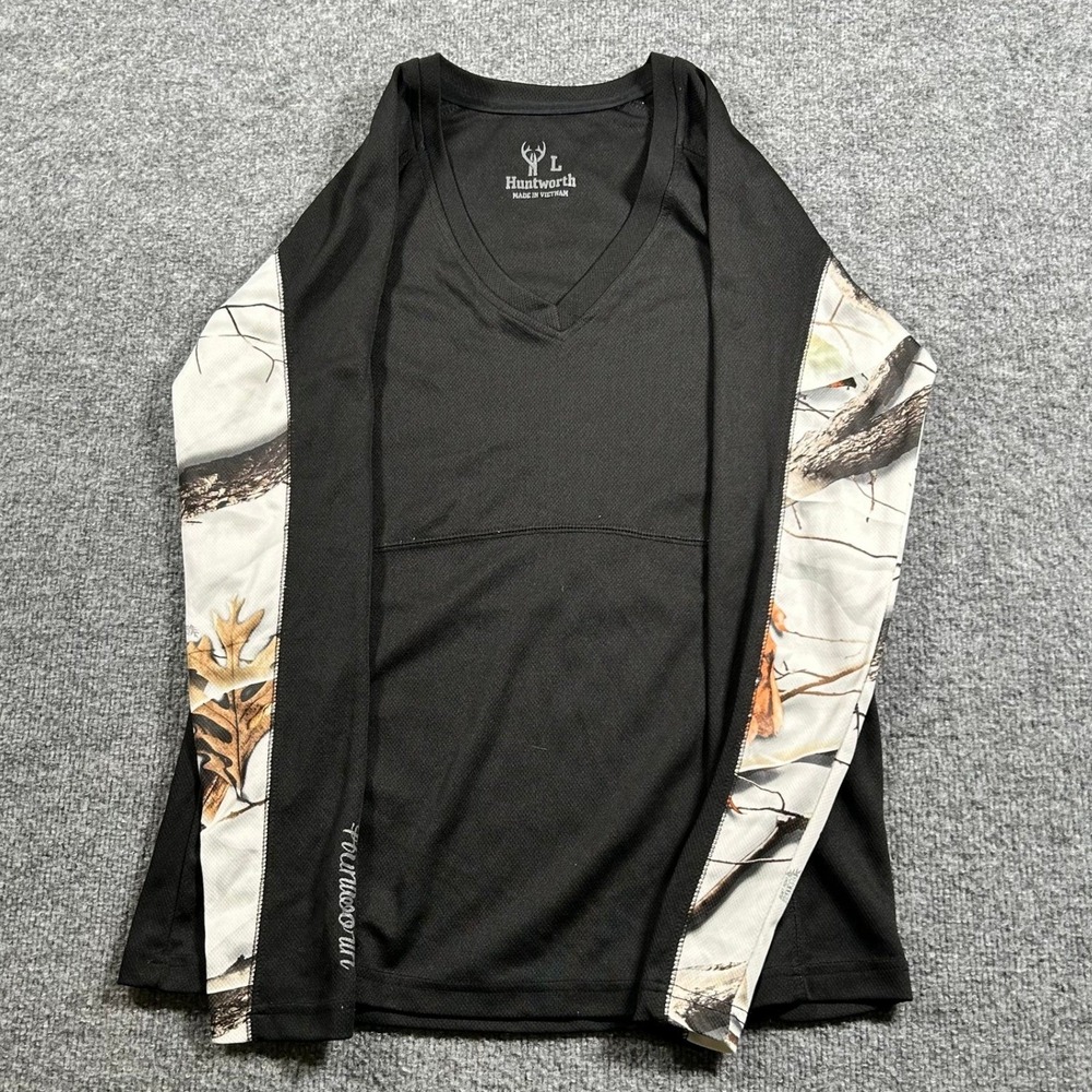 Huntworth Shirt Womens Size L Black Snow Camo Long Sleeve V-Neck Performance Top
